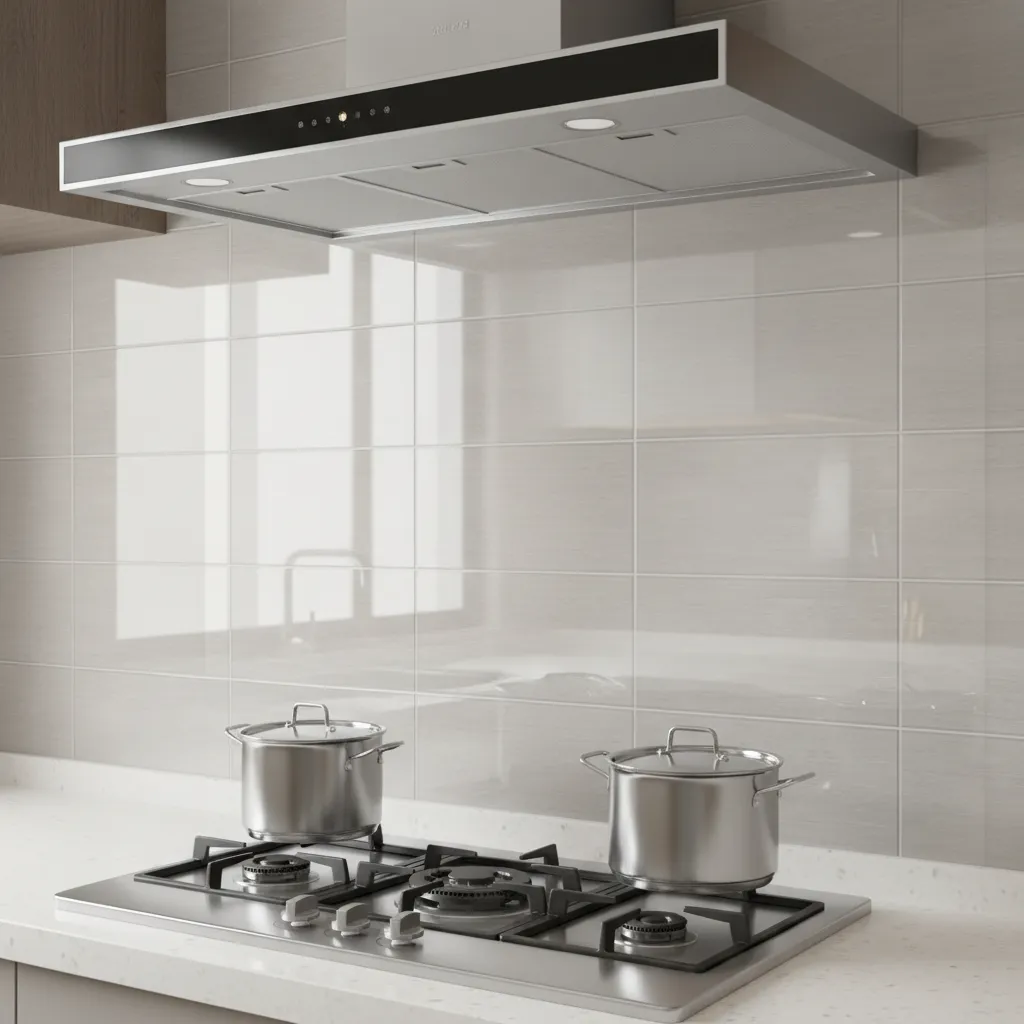 Modern kitchen with clear wall protector installed behind silver stove and two stainless steel pots