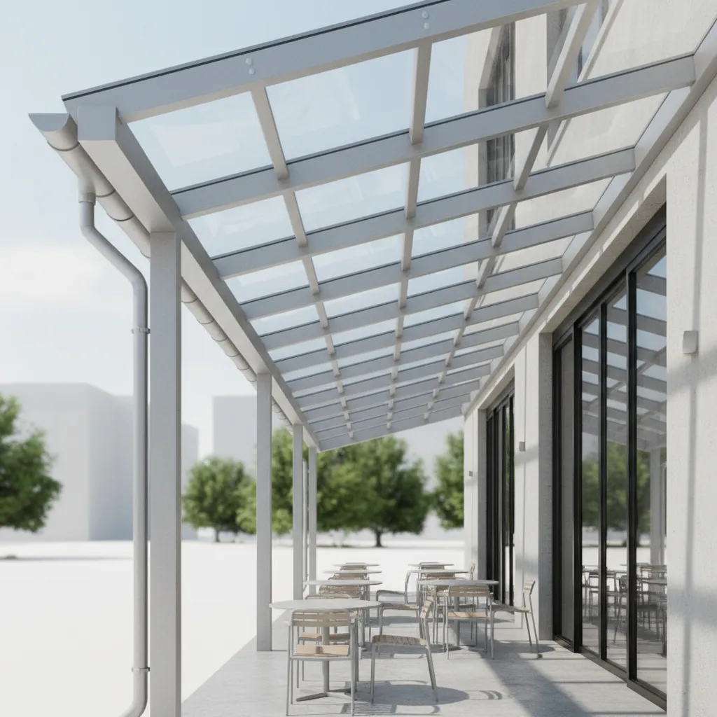 Structural layout of clear patio roof panels with support beams
