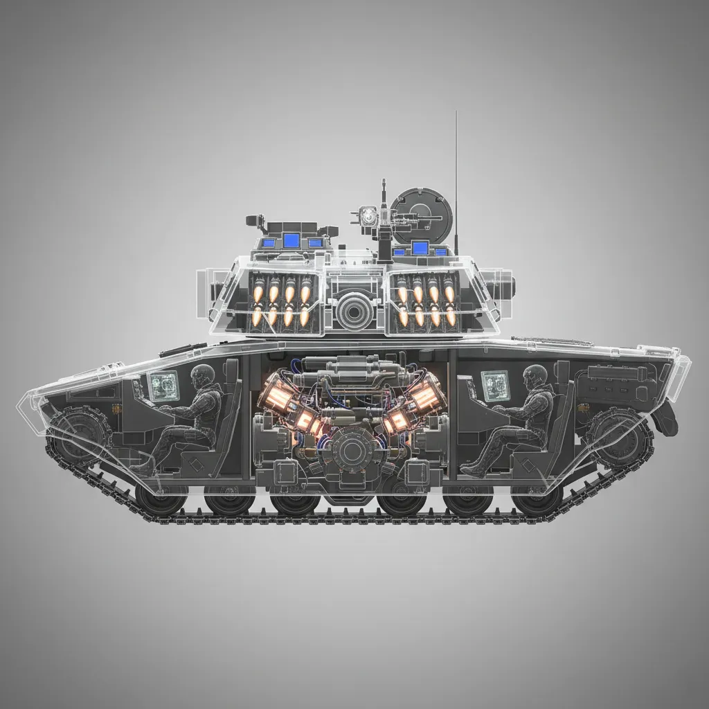 Side view showing the inside of a tank with two people and a large engine