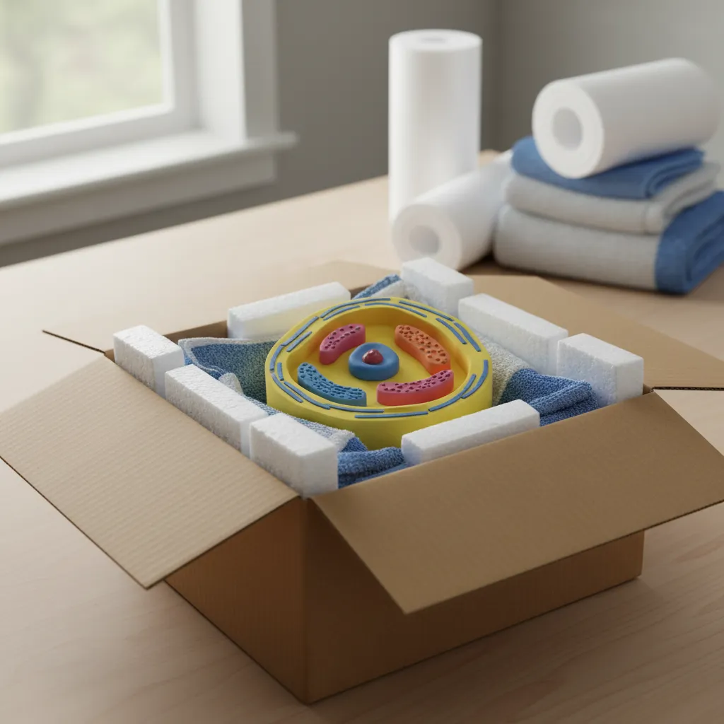 Styrofoam cell model safely packed inside a box with padding for transport