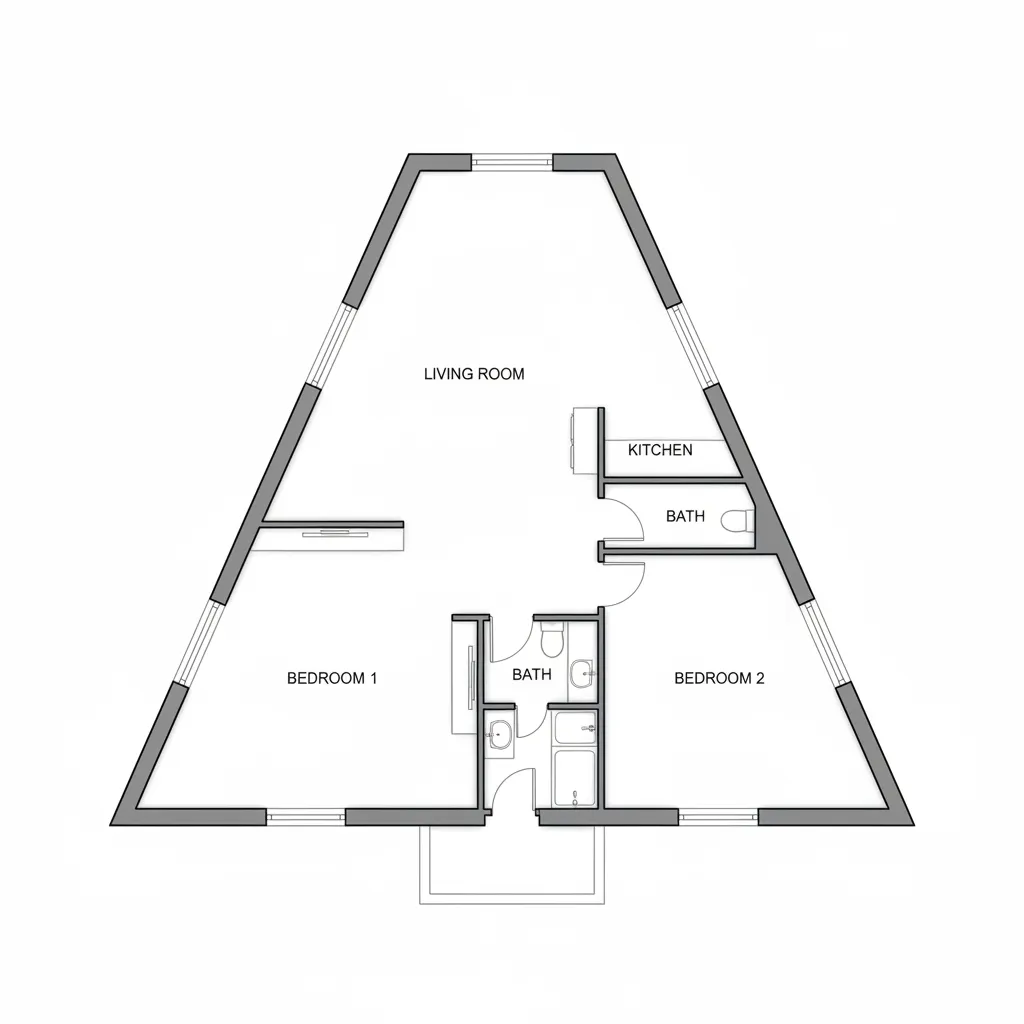 Interior design drawing of a trapezoid house floor plan with living room kitchen and bedrooms