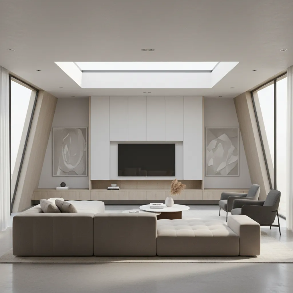 Minimalist living room with beige modular sofa white wall cabinet tv and a roof window