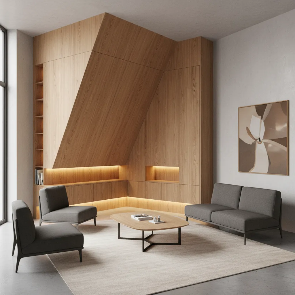 Modern living room with angled wooden wall cabinet grey sofa chairs coffee table light fixtures