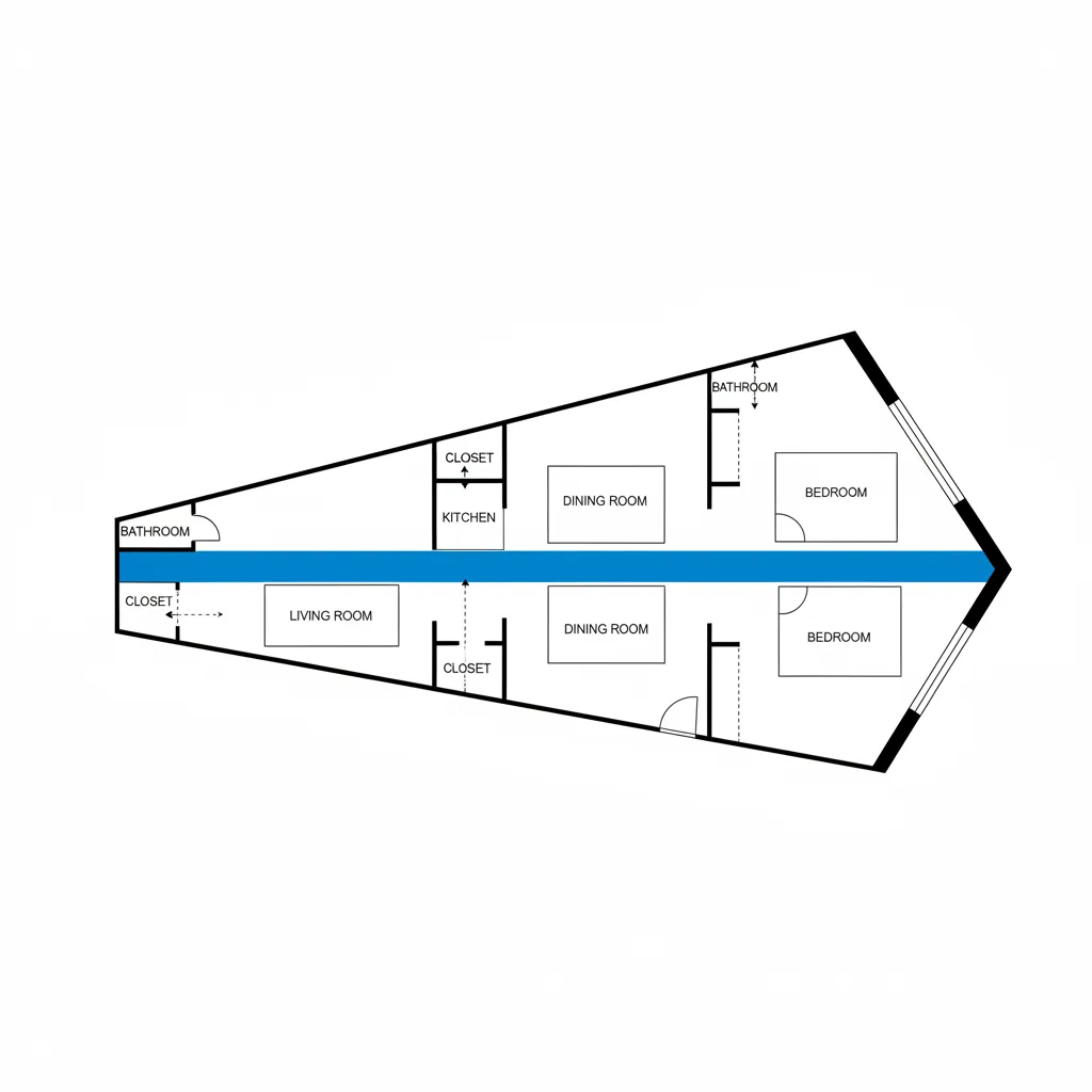 Trapezoid house zoning diagram showing room layout including living room kitchen and blue central corridor