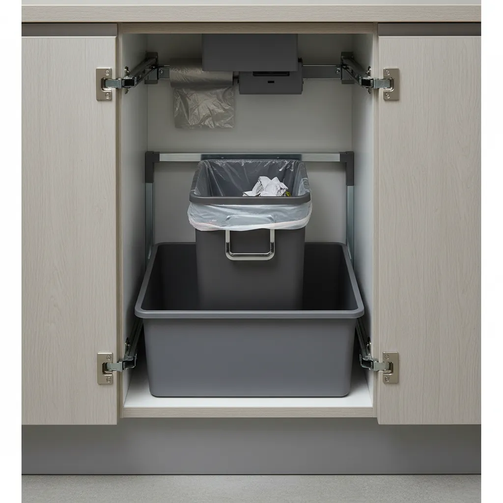 waterproof liner and tray inside kitchen trash cabinet