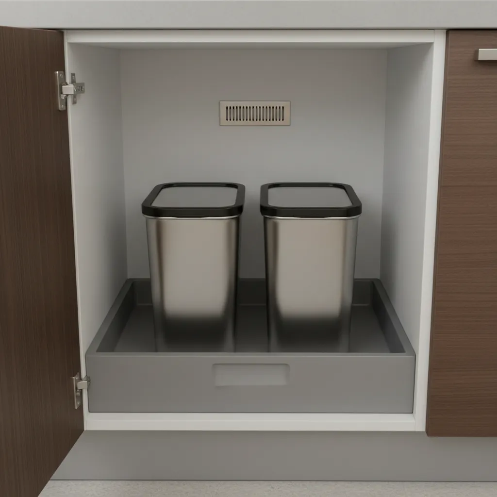 Kitchen trash cabinet interior with ventilation and removable tray