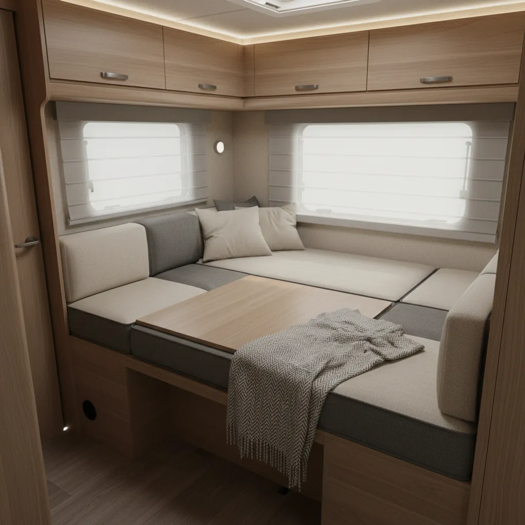 dinette seating converting into bed inside compact camper