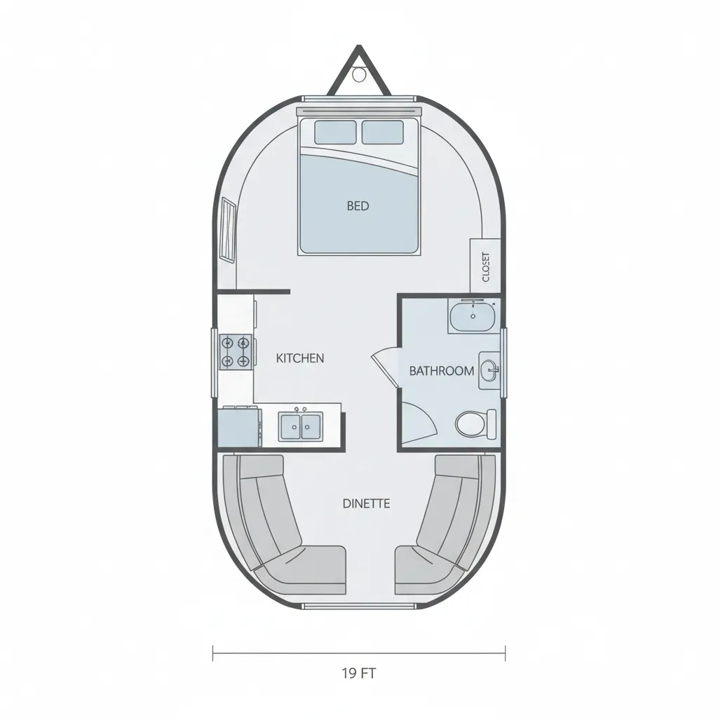 top view floor plan of a 19 ft travel trailer showing bed kitchen and bathroom