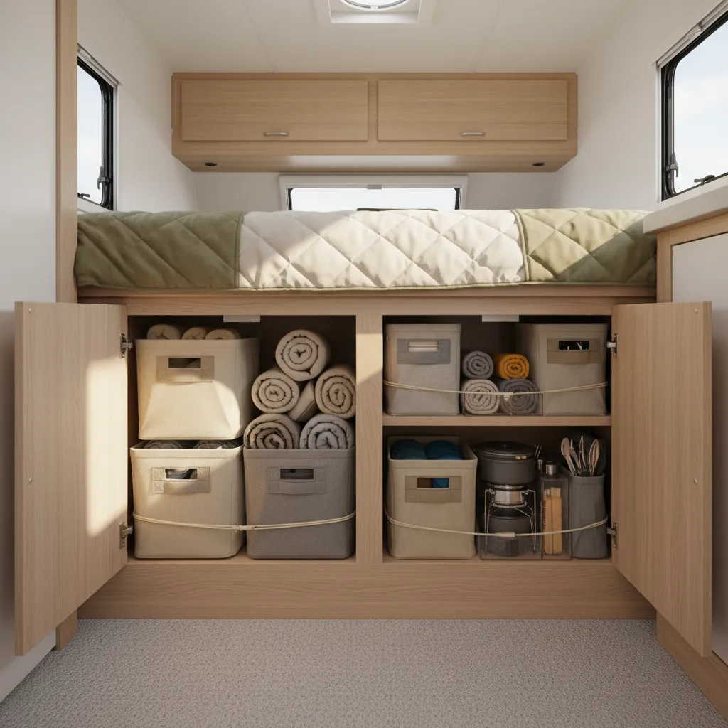 under bed and cabinet storage inside small travel trailer