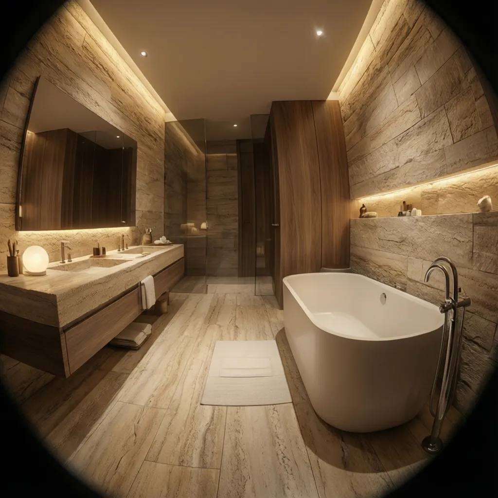 Baño tipo spa con revestimiento completo de travertino