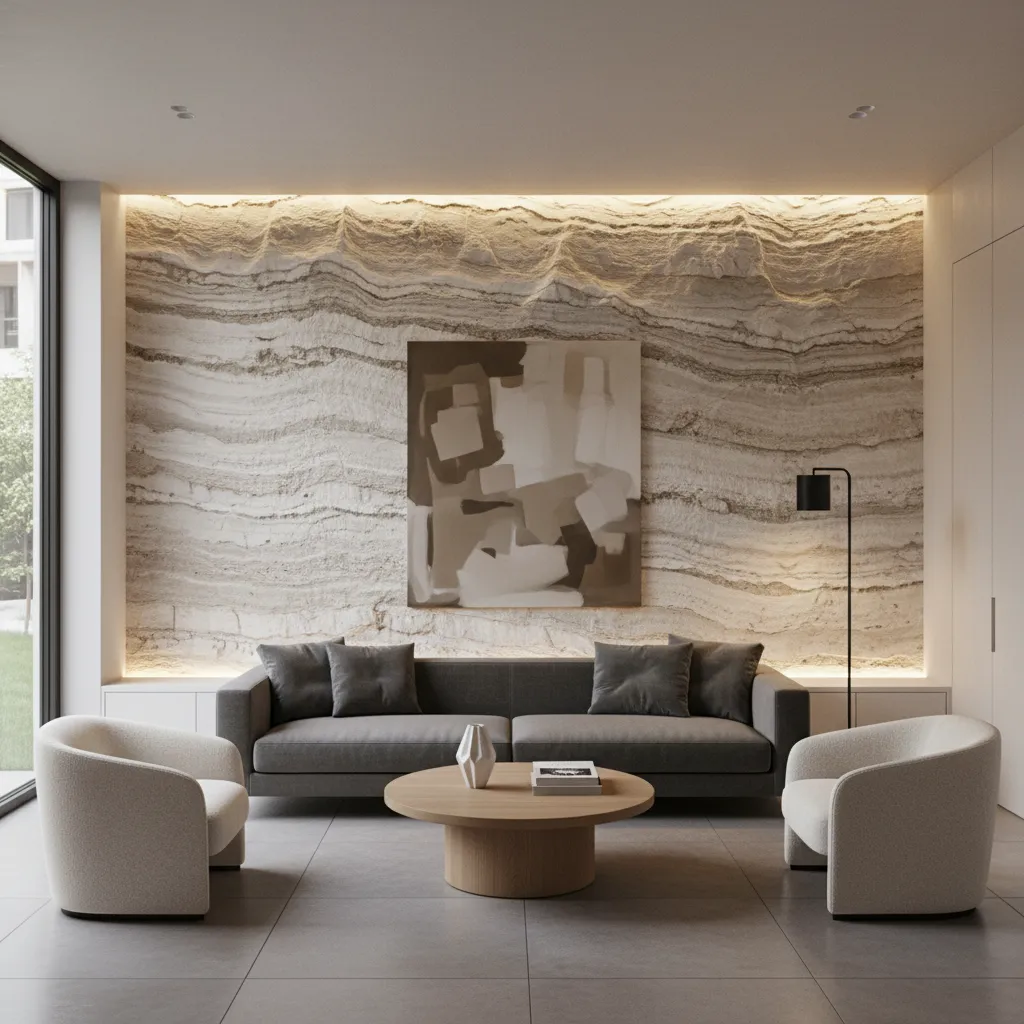 Pared de acento en travertino en un salón minimalista