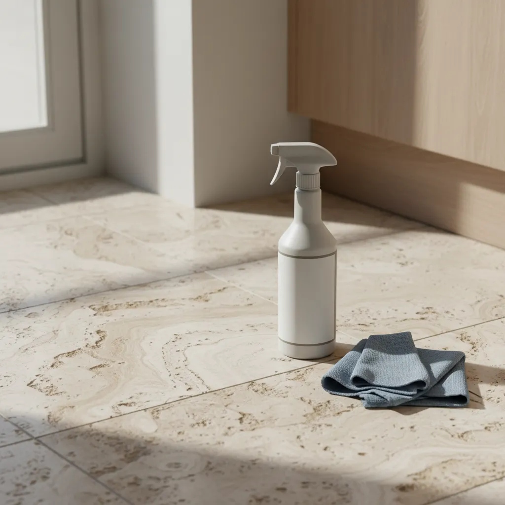 Neutral stone cleaner and cloth on travertine kitchen floor surface