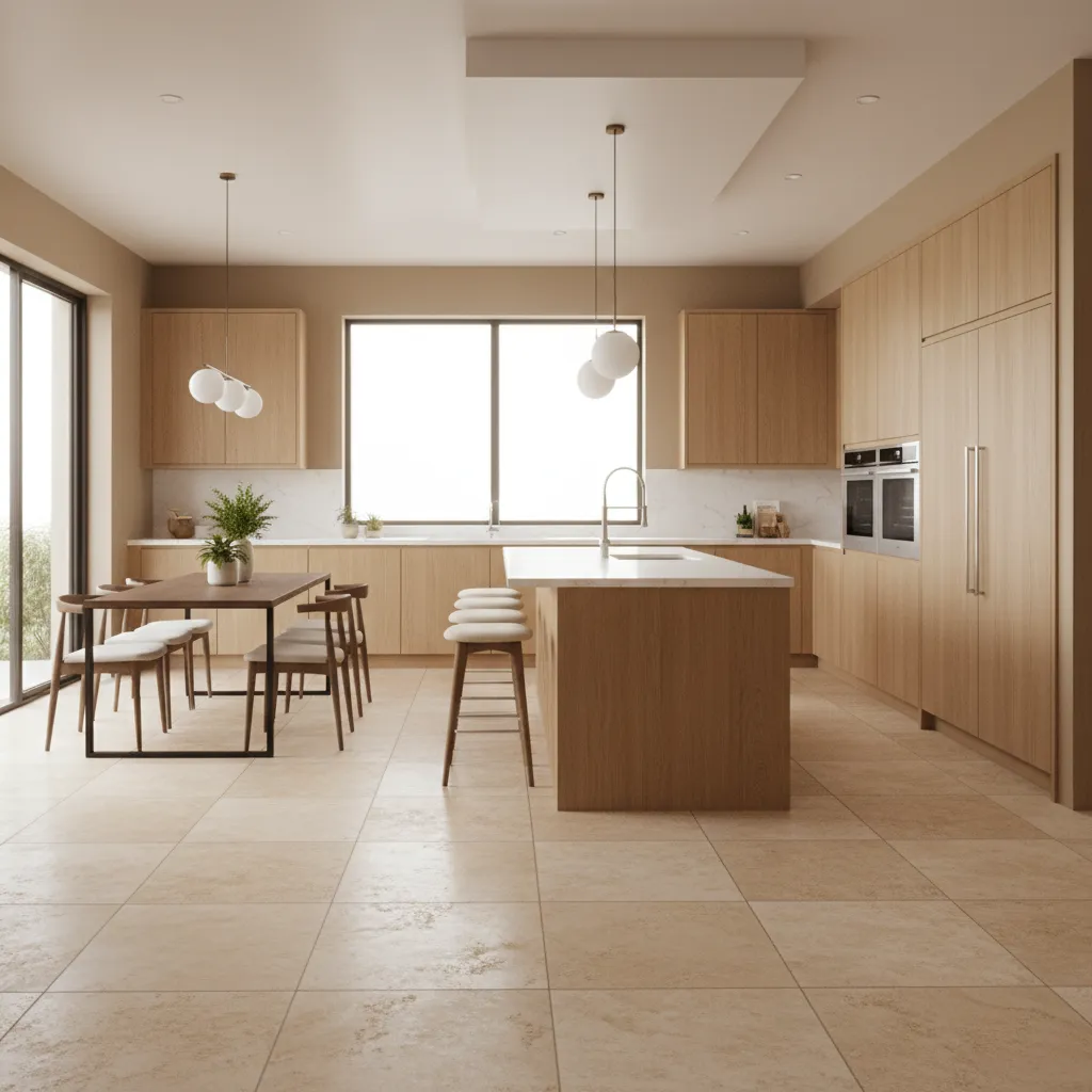 bright kitchen interior featuring natural travertine stone floor tiles