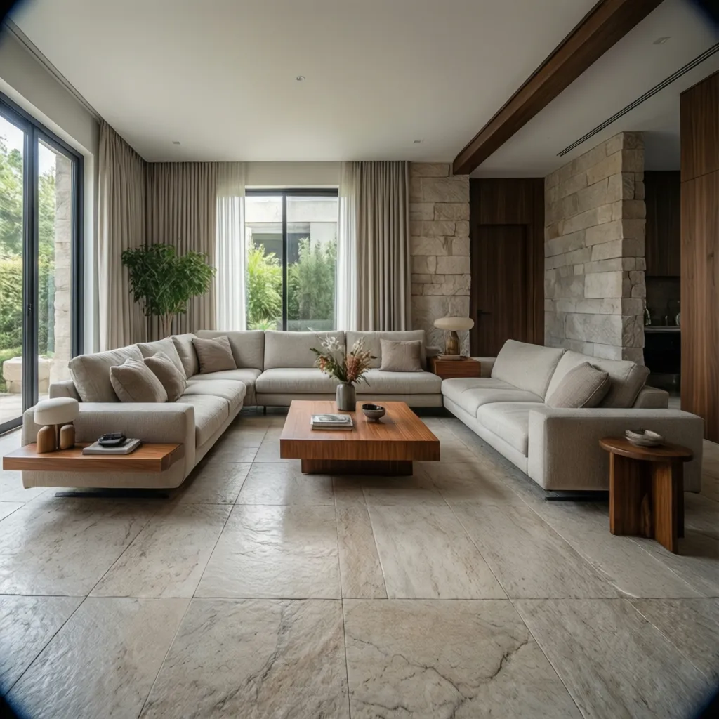 Salón contemporáneo con suelo de travertino en piezas grandes