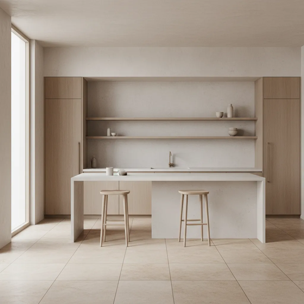 Modern kitchen island standing on seamless travertine flooring