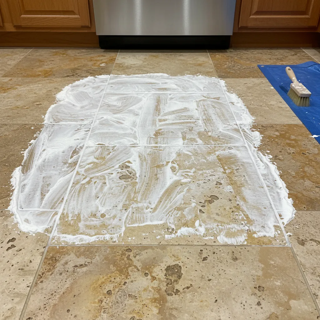 Cleaning process removing stain from travertine kitchen tile using poultice method
