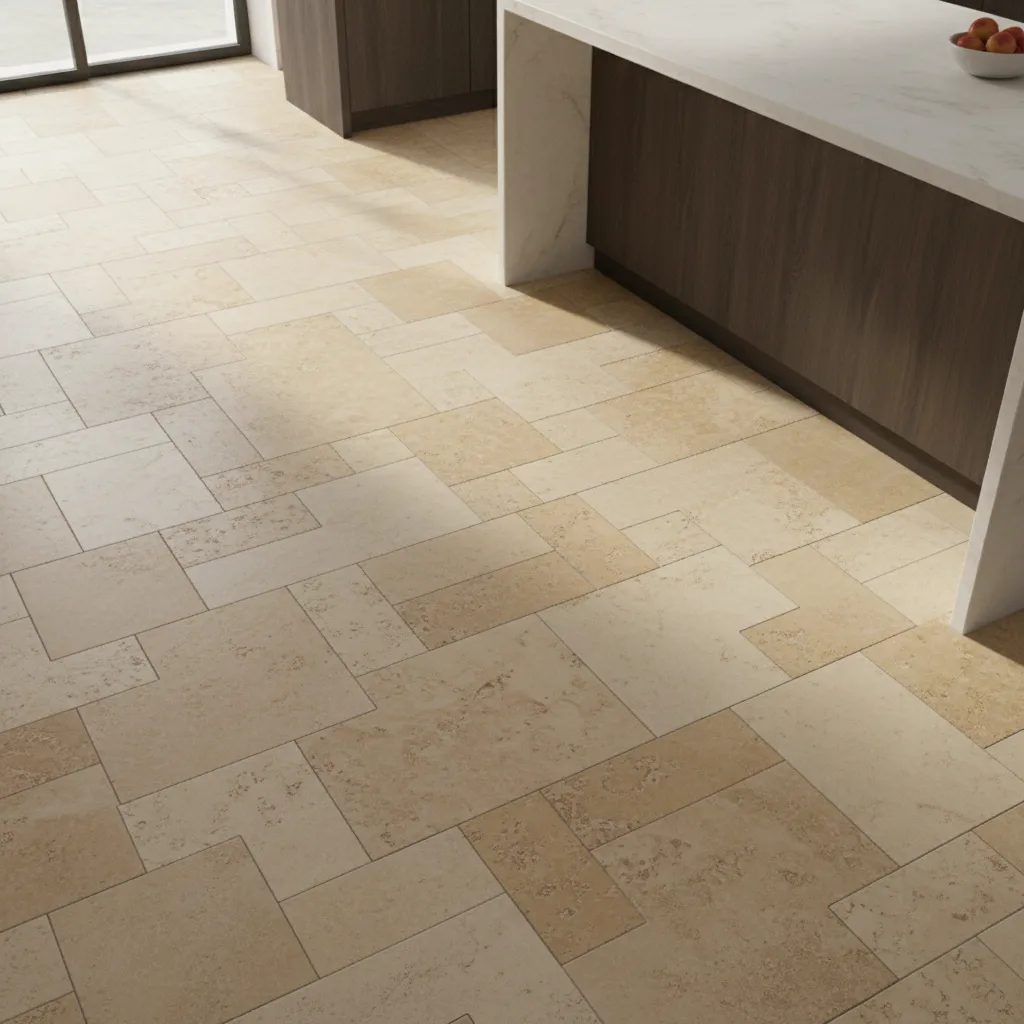 French pattern travertine tile layout in kitchen floor design