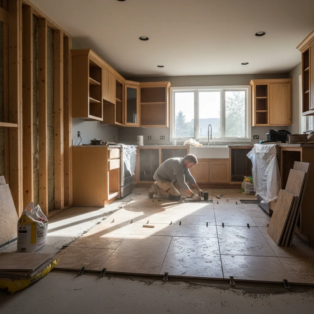 installation of travertine tiles on a kitchen floor during renovation