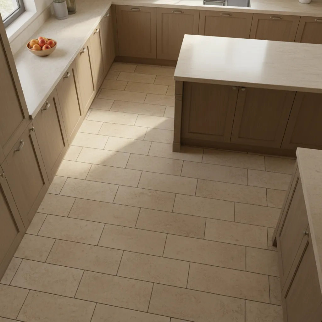 travertine tile layout pattern on a spacious kitchen floor