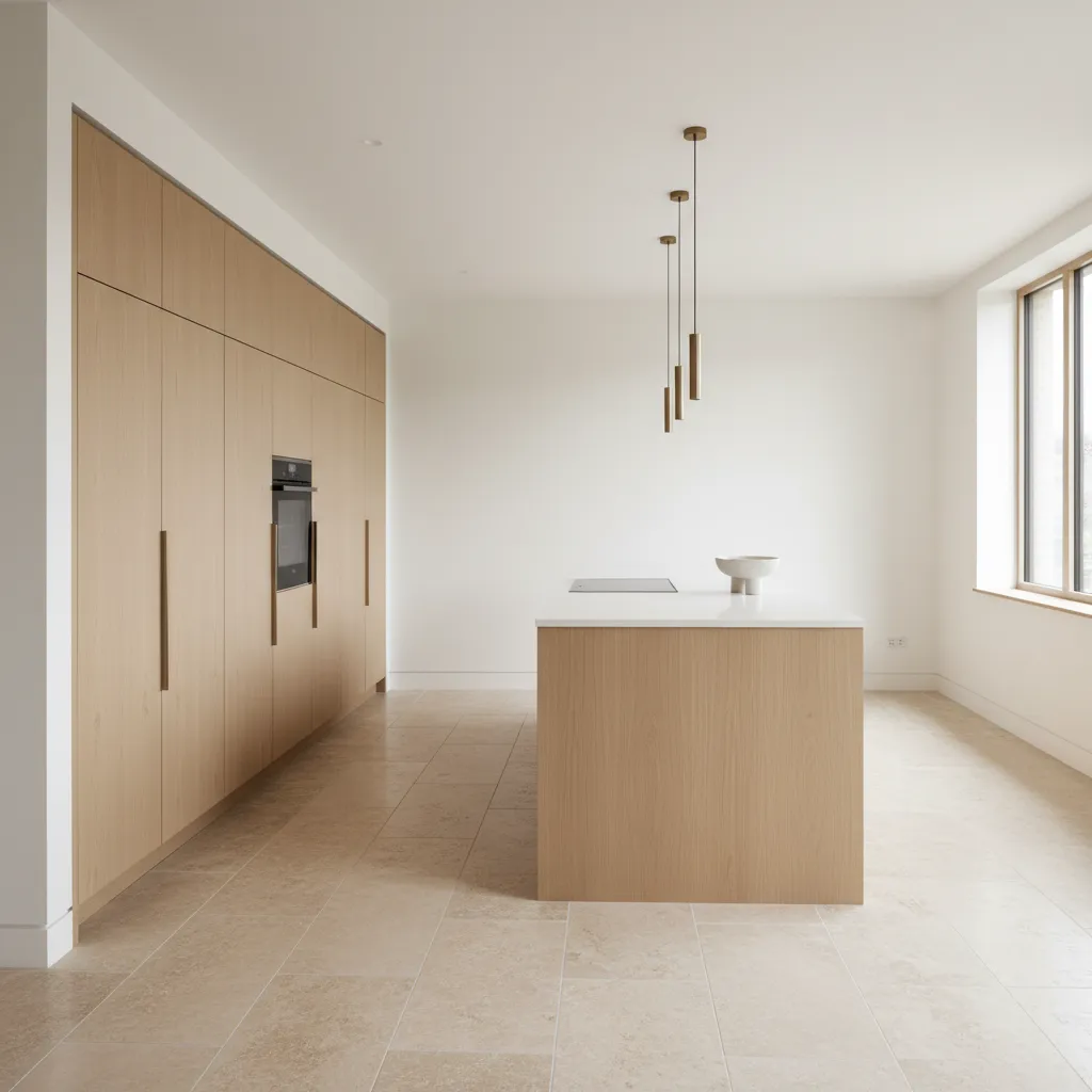 Modern kitchen with travertine tile floor and minimalist cabinets
