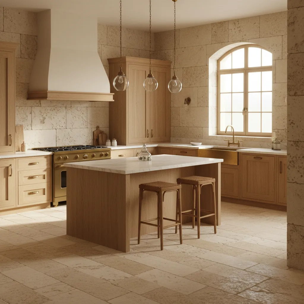 Warm kitchen interior with natural travertine tile flooring