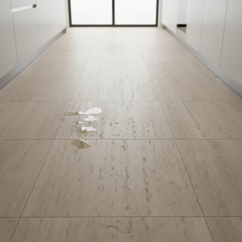 Kitchen travertine floor with visible oil and food stains near stove area