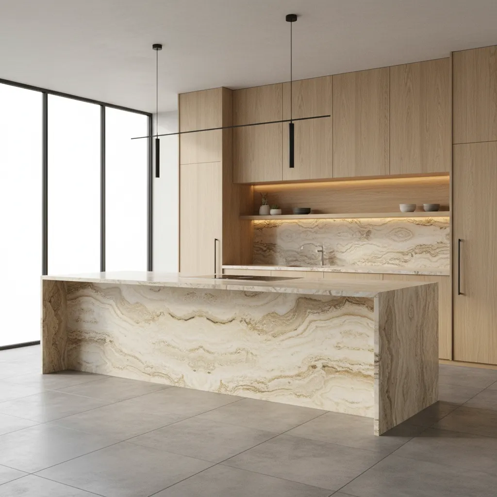 Cocina moderna con isla revestida en travertino