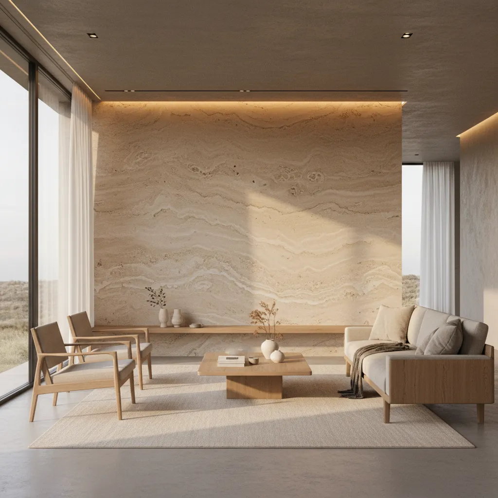 Salón moderno con pared de travertino y mobiliario minimalista