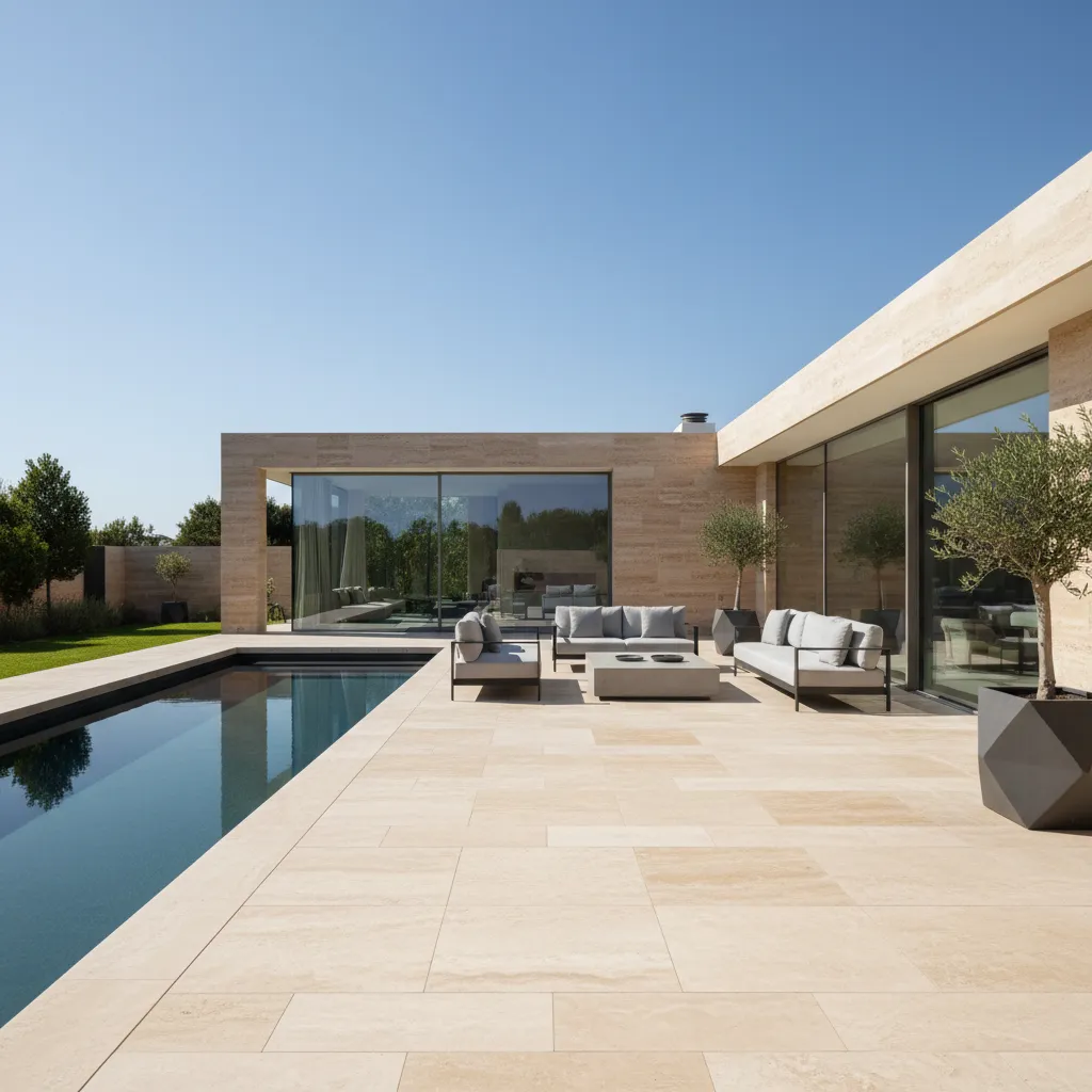 Patio moderno con pavimento de travertino y piscina