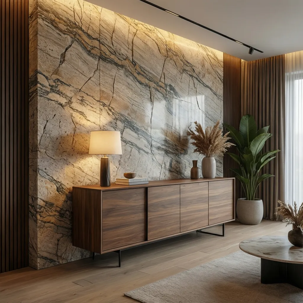 Interior moderno con pared de travertino y muebles de madera