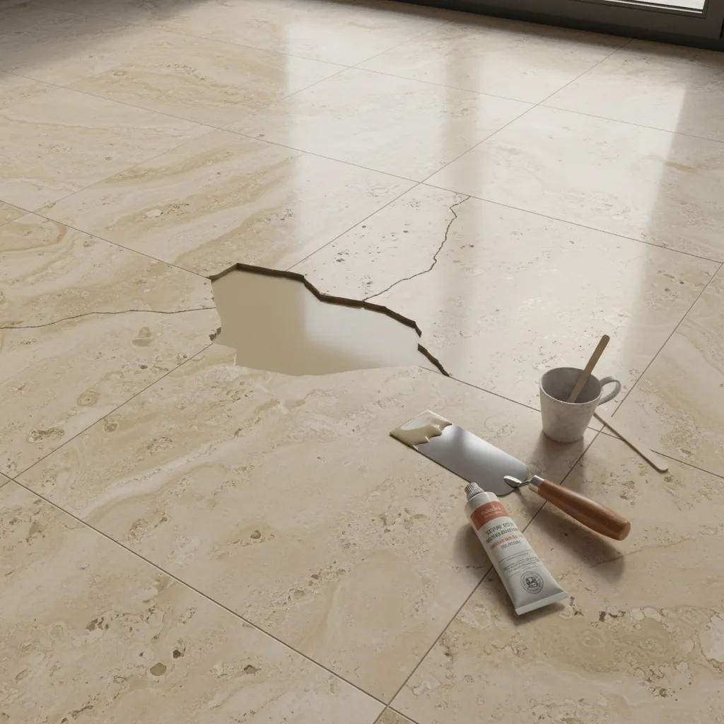 Travertine kitchen tile with small chip being repaired with stone filler