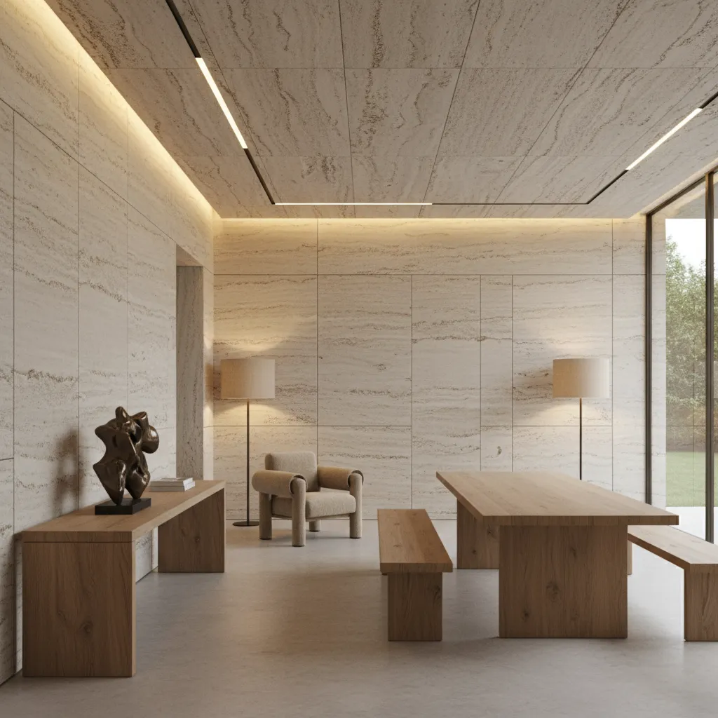 Interior moderno que combina travertino con madera natural