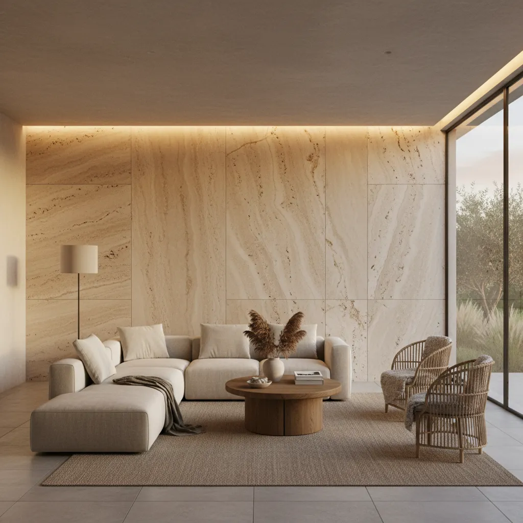 pared de travertino en salón contemporáneo