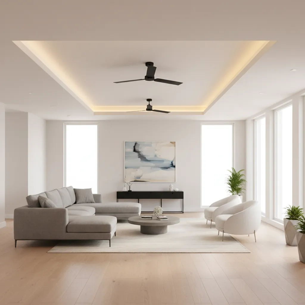 tray ceiling design in modern hall with two ceiling fans