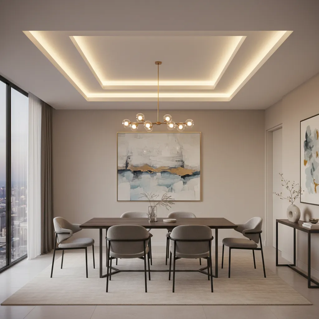 tray ceiling dining room design with soft LED lighting