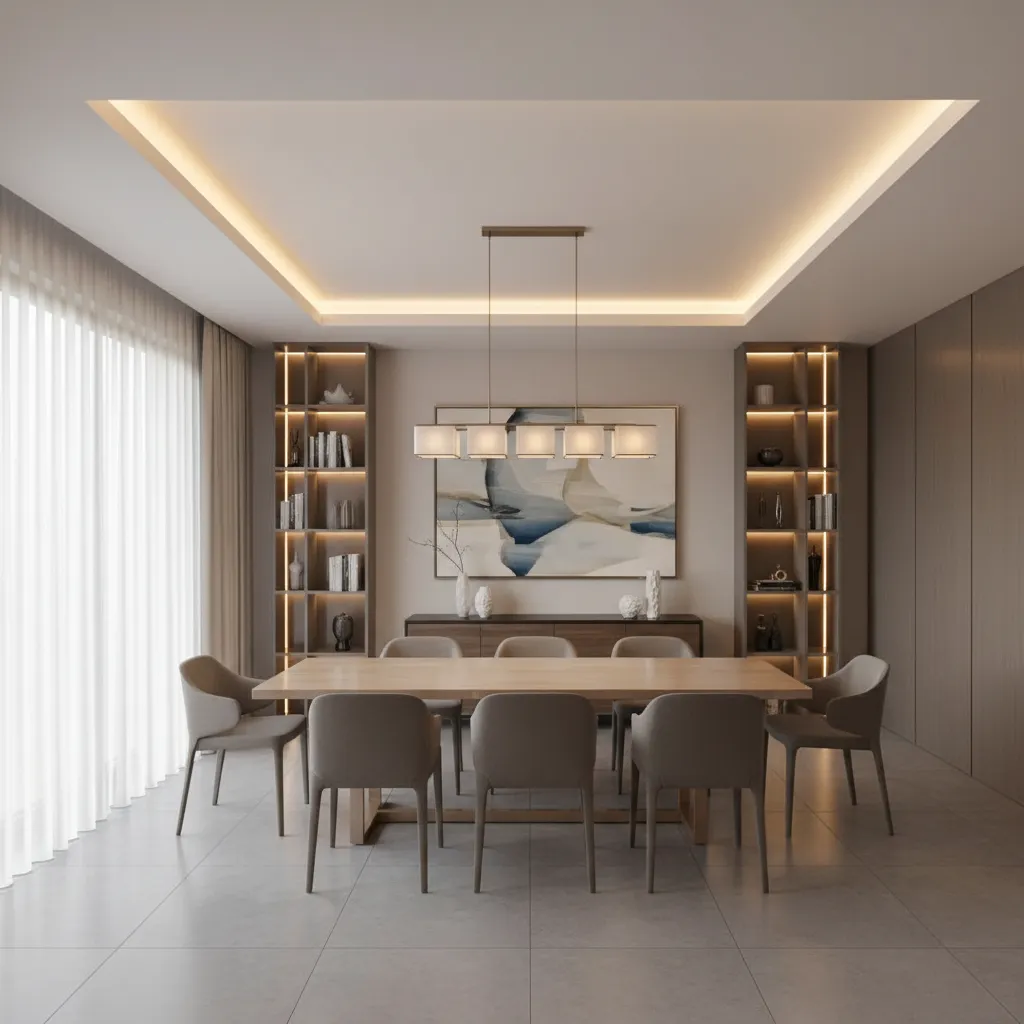 Dining room tray ceiling aligned with rectangular dining table