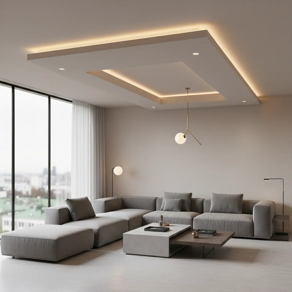 simple tray false ceiling design in modern drawing room