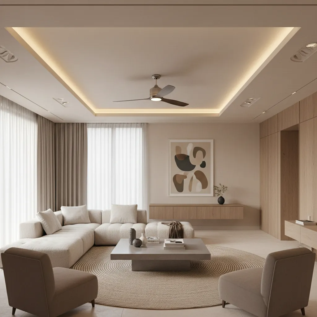 Modern living room with beige sofa round rug square coffee table and wooden ceiling fan