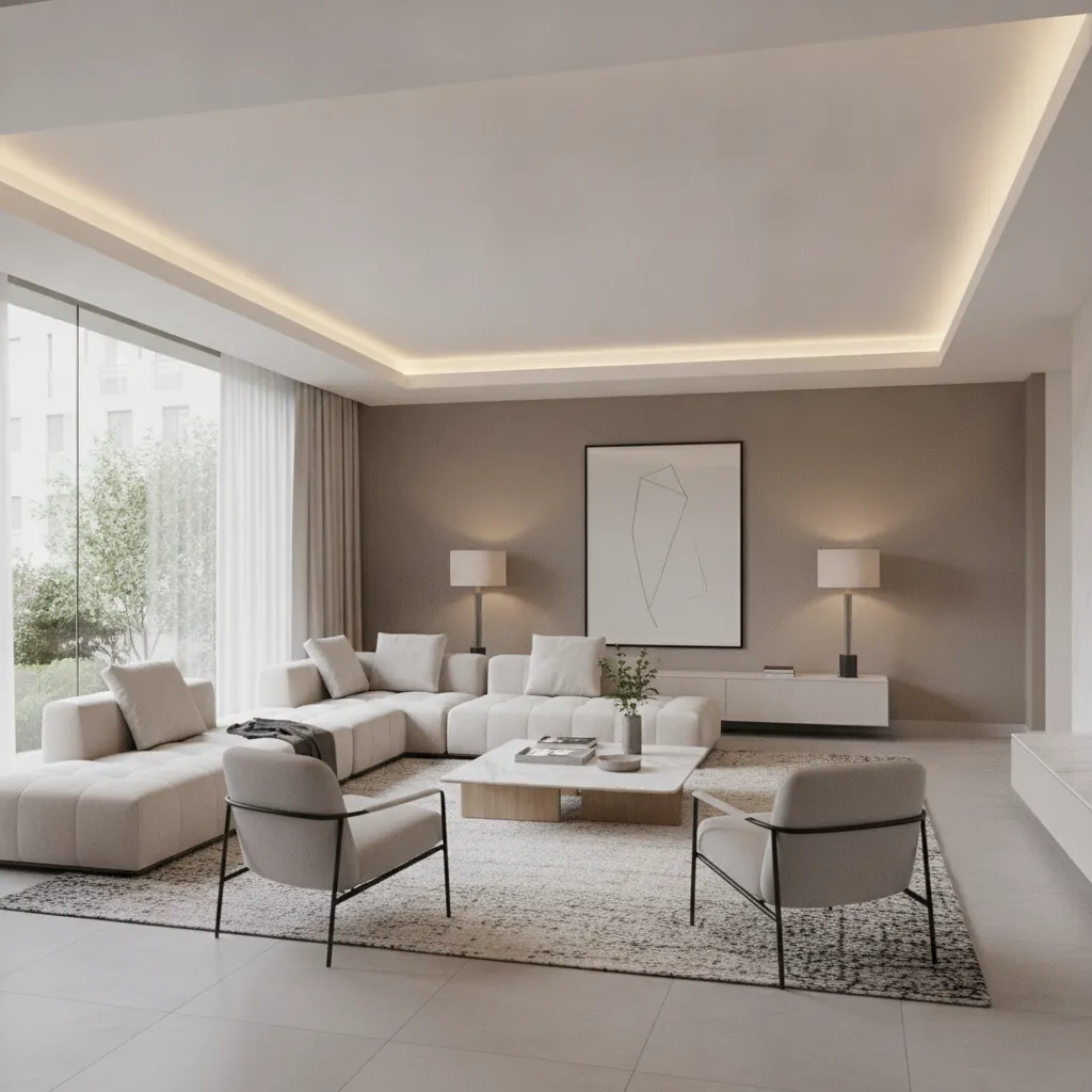 Elegant tray ceiling with hidden LED lighting in modern living room