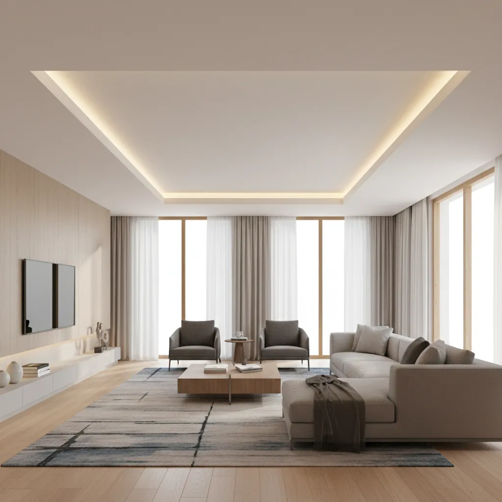 modern tray ceiling design with hidden LED lighting in living room