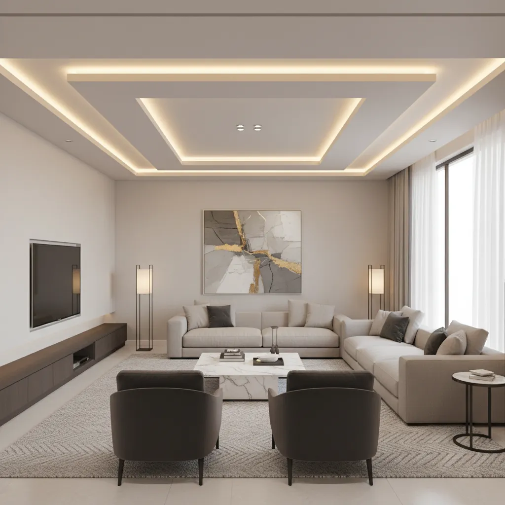 modern living room tray ceiling with LED lighting