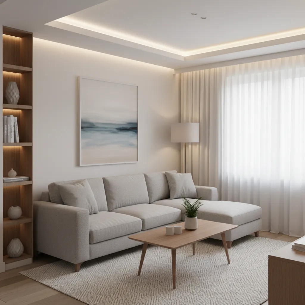 Small living room with thin tray ceiling and LED strip lighting