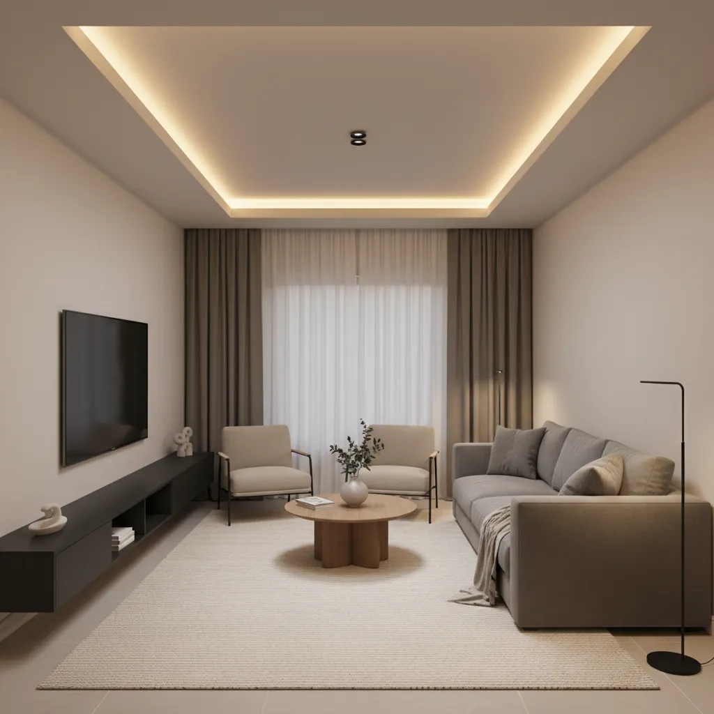 Small living room tray ceiling with warm LED strip lighting