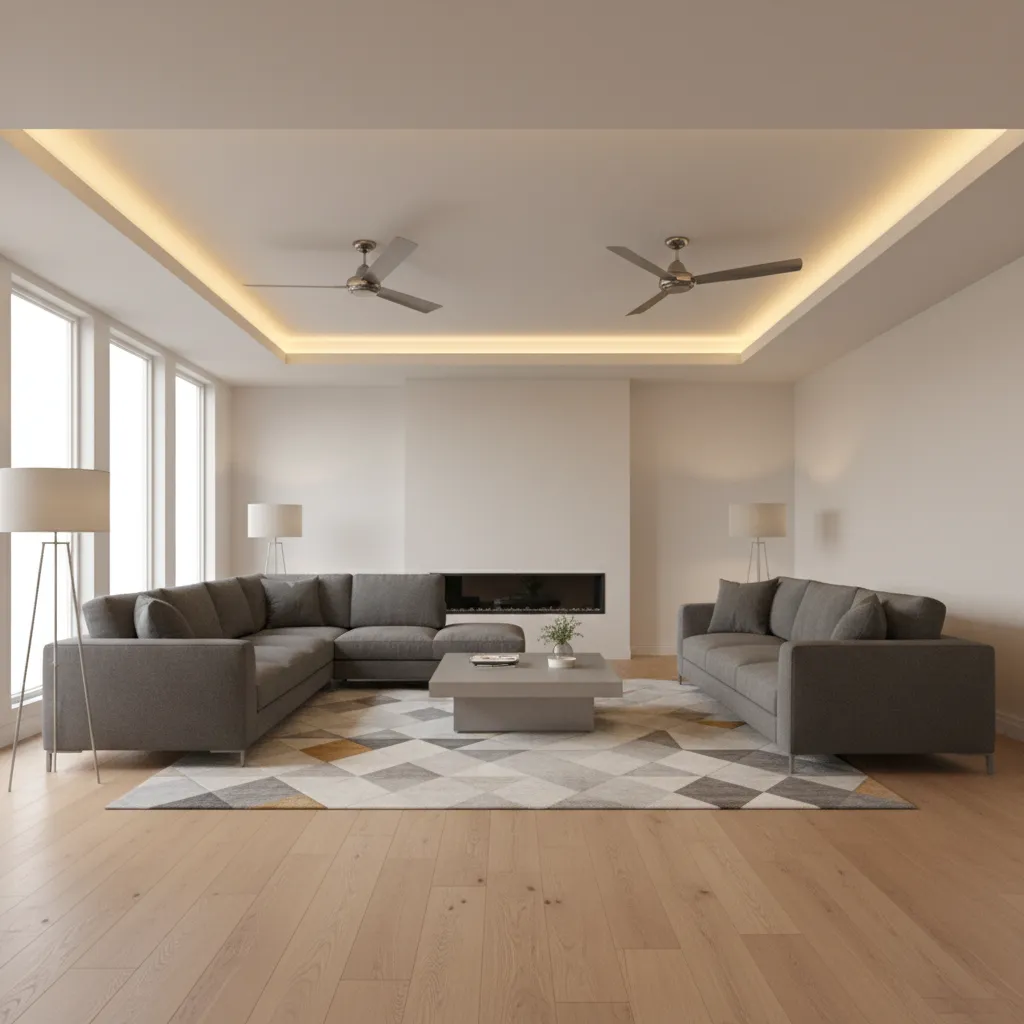 Rectangular tray ceiling with two ceiling fans aligned symmetrically