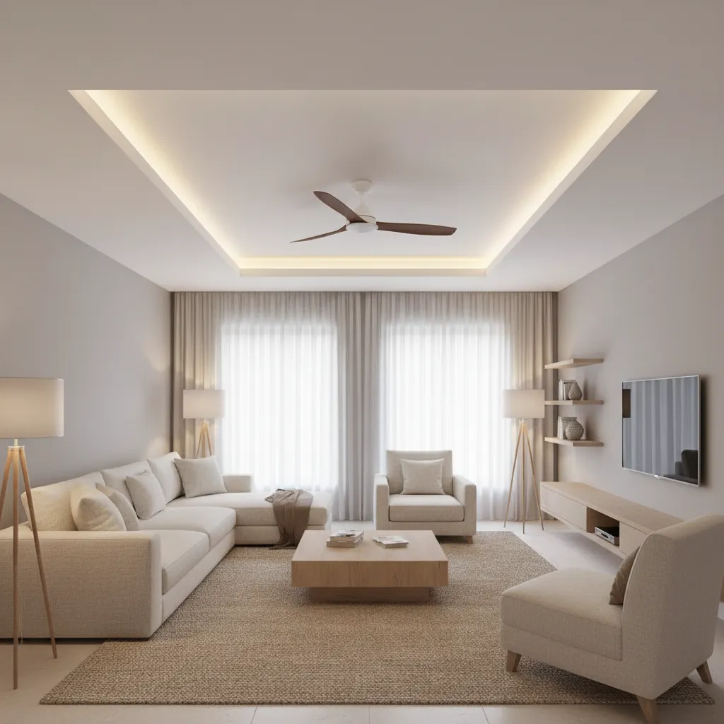 tray ceiling design framing a ceiling fan in a living room