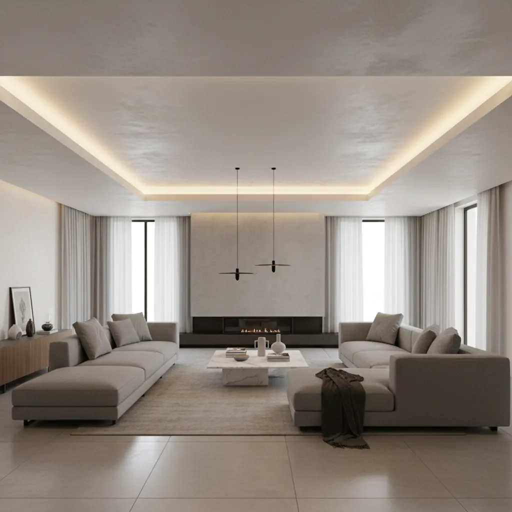 Tray gypsum ceiling with hidden LED lighting in modern living room