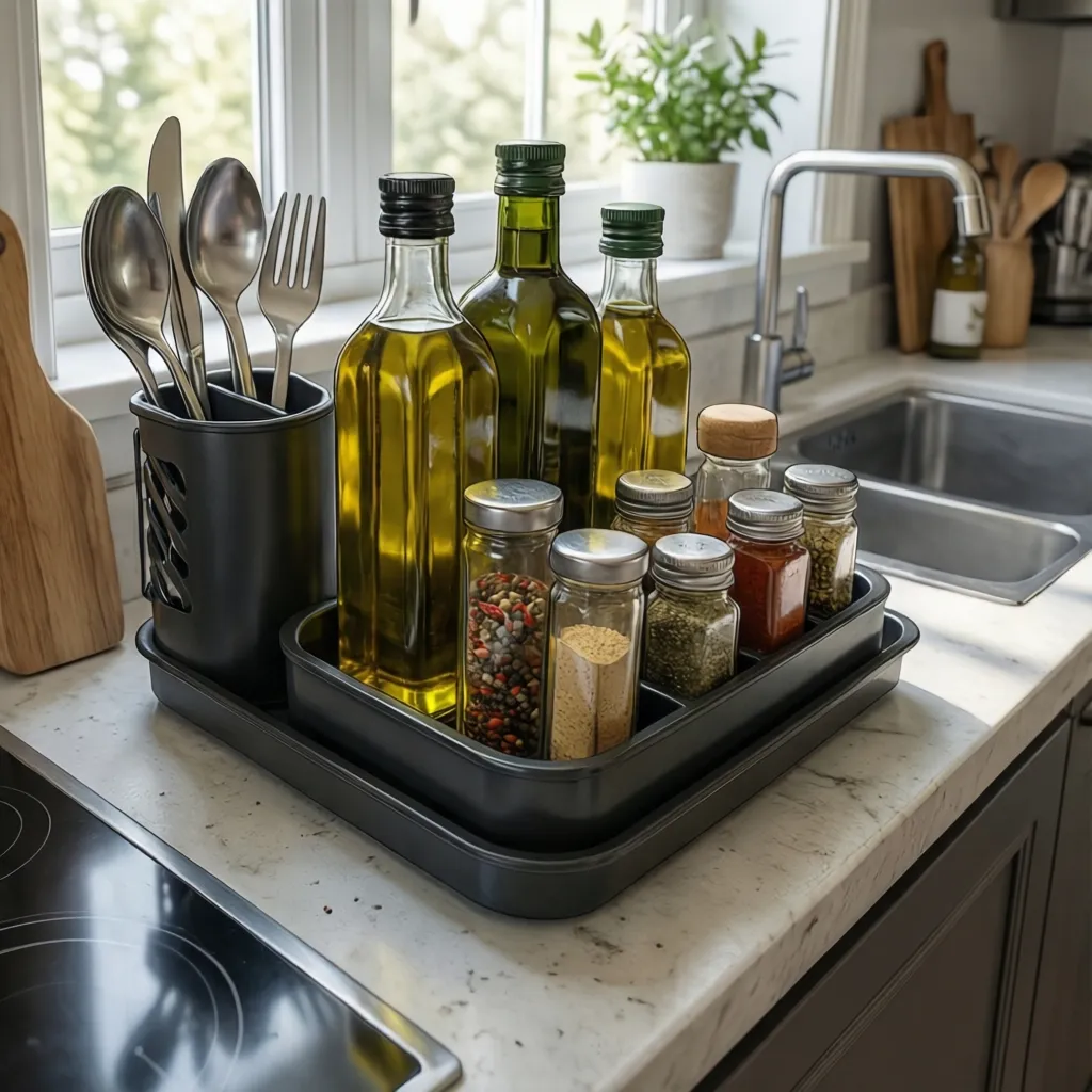 kitchen tray organizer with oils compared to utensil compartment caddy