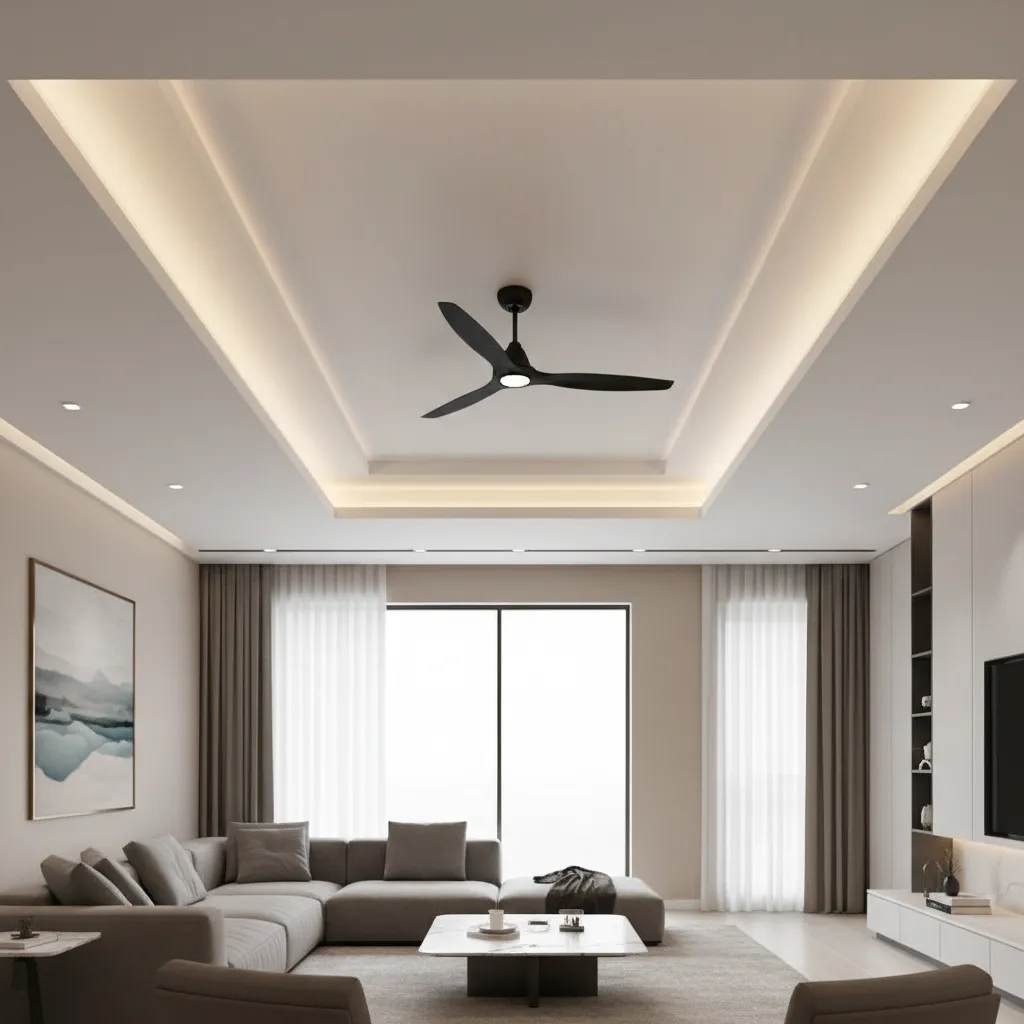 Tray POP ceiling design with hidden LED lighting in living hall