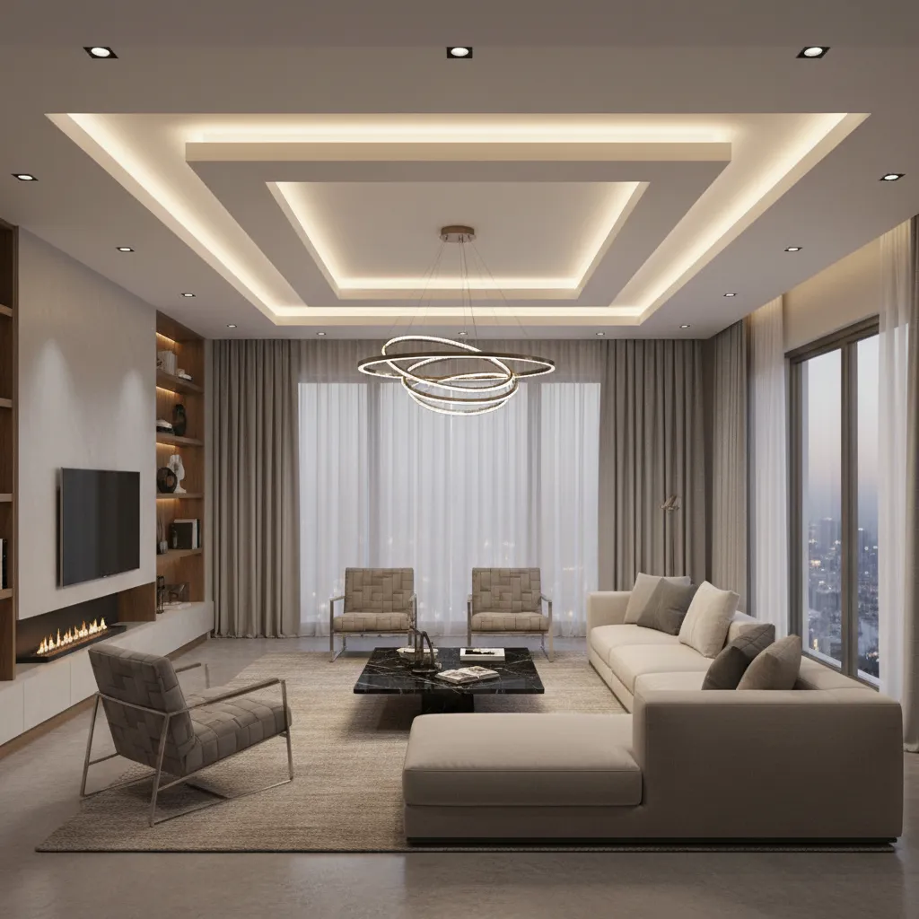 Luxury living room with large grey sofa marble coffee table modern ceiling light and big windows