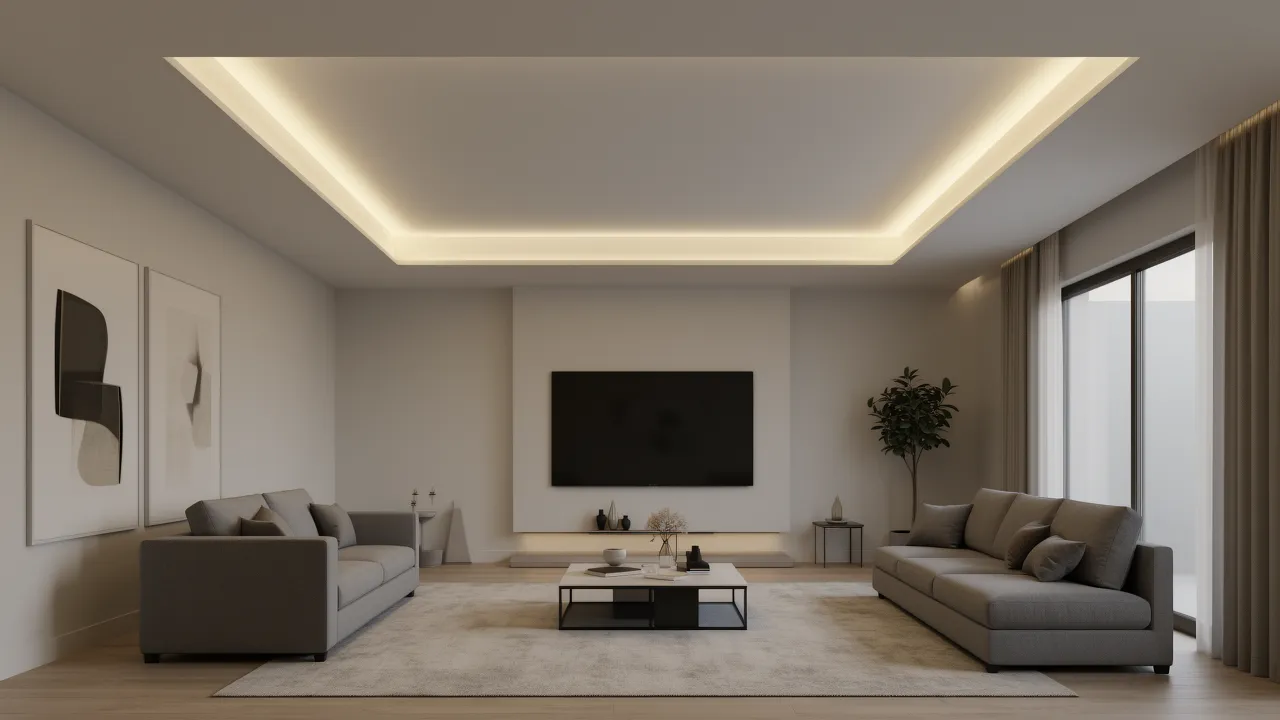 Tray style POP ceiling layout with perimeter LED lighting in a living room